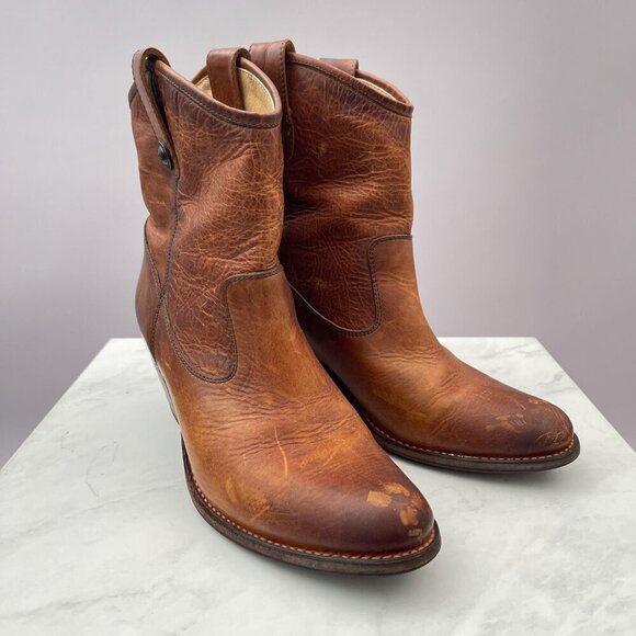 Frye Billy Short Cognac Brown Leather Ankle Boots Button Detail Women's 10 B - Picture 2 of 12